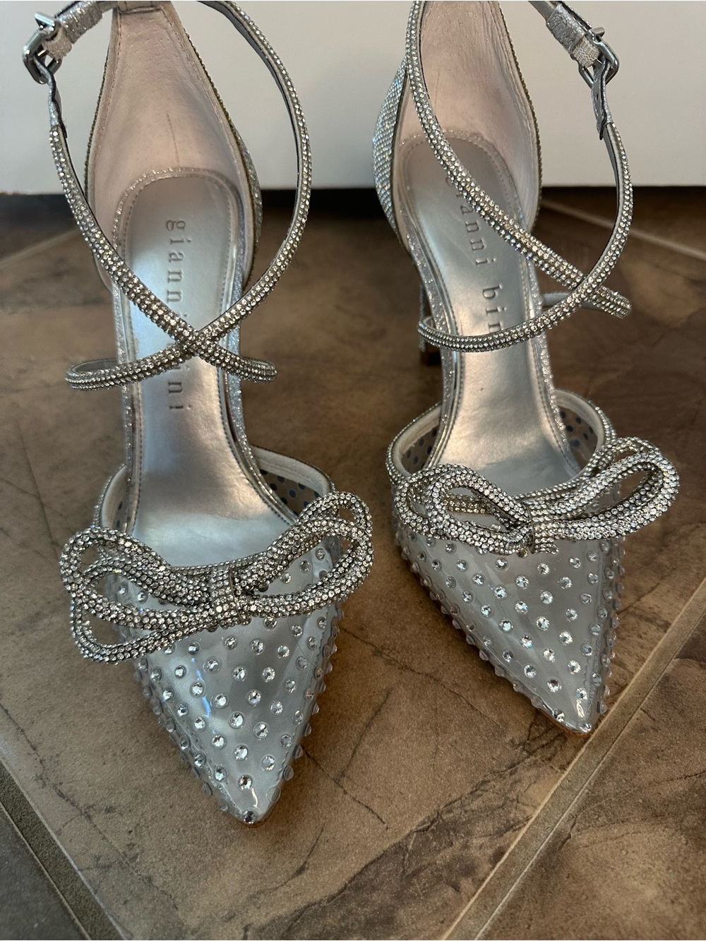 Gianni Bini Silver Crystal-Embellished Pointed-Toe Ankle-Strap Heels